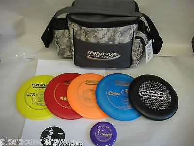 DISC GOLF INNOVA 5 DISK SET W/ CAMO/GRAY STANDARD BAG. 40+ DISCS TO 