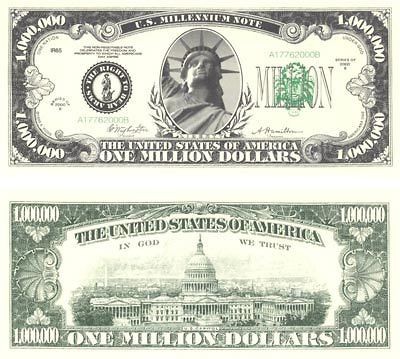 Million Dollar Bills   6 Pack   Fake Play Novelty Money