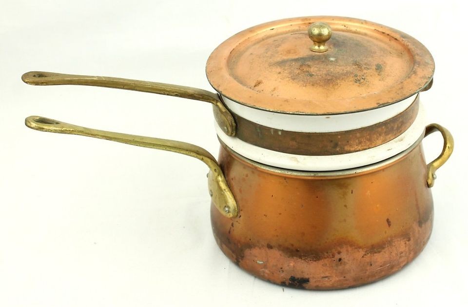 Vintage Copper Double Boiler Brass Handles Bain Marie Pan Cookware on