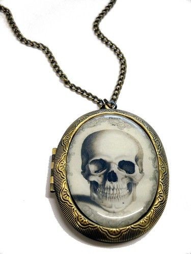 Skull Locket drawing Long Gold Vintage Gothic