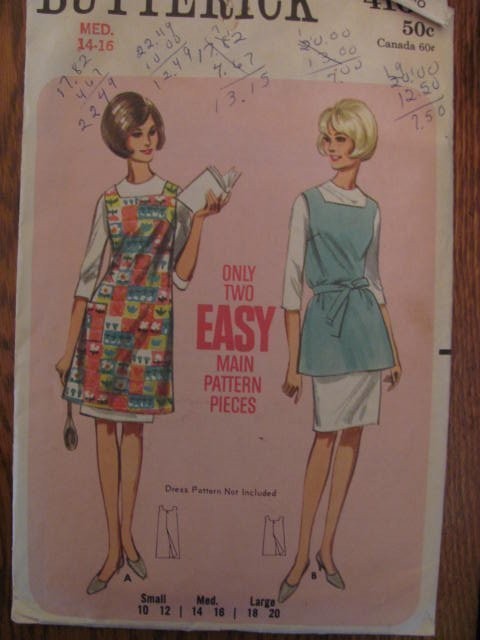4166~ Vintage Butterick 1960s Easy Apron Sewing Pattern Med. 14 16