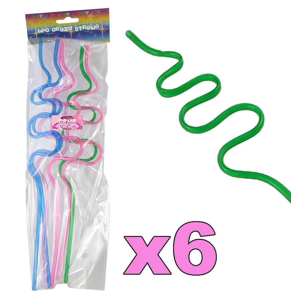 PK OF 6 CURLY FUN DRINKING STRAWS BRIGHT KIDS STRAWS SUMMER CURLY NEON 