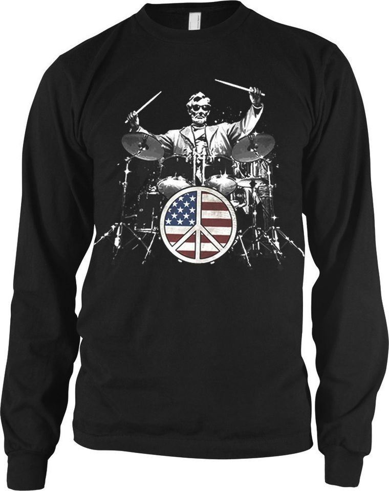   101 Mens Thermal Shirt, Lincoln Playing Drum Set Flag Peace Sign T