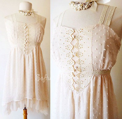   Beige Lace Button Bib Open Back High Low hi lo ROMANTIC Chiffon Dress