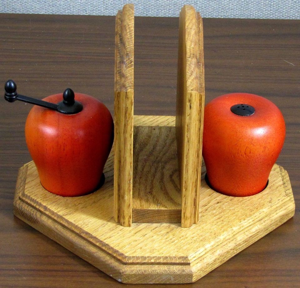   Set Wood Napkin Holder & Red Apple Salt Shaker, Pepper Grinder PRETTY