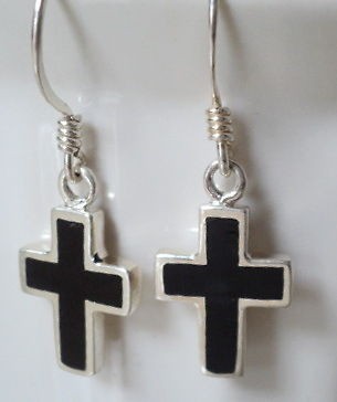   PETRIFIED WOOD JET STERLING SILVER 925 CROSS EARRINGS   FOR MEN/WOMEN