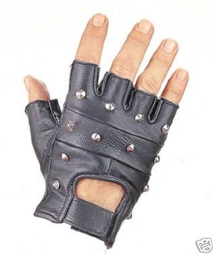 STUDDED 100% LEATHER PADDED FINGERLESS GLOVES XS   XL