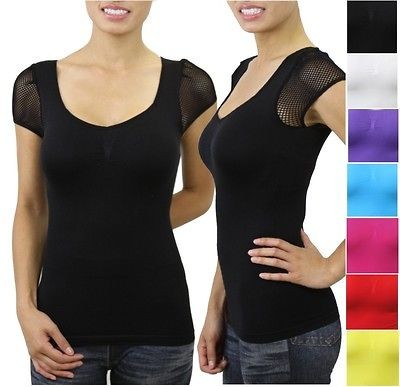 Cute Seamless Blouse Top Shirt T Tshirt Fishnet CapSleeve Comfortable 