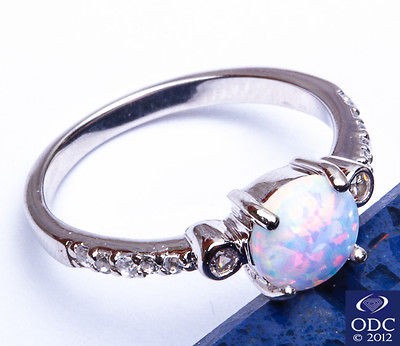 FREE SHIP White Australian Opal & Russian CZ .925 Sterling Silver Ring 