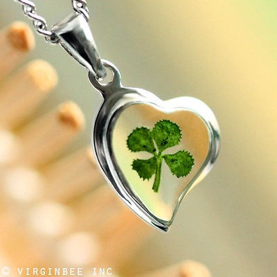 REAL CLOVER 4 LEAF SHAMROCK HEART IRISH LUCK CELTIC SILVER PENDANT 