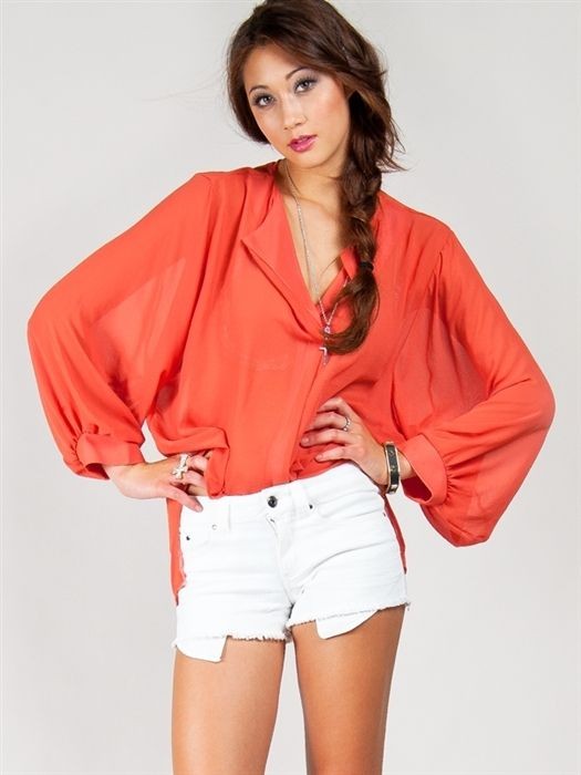 NEW Women Fashion Sheer Lose Fit Chiffon Blouse Top Shirt orange sz 