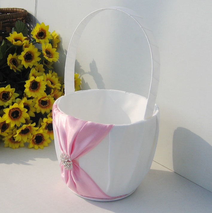 Wedding girl flower petal basket decoration pink bow