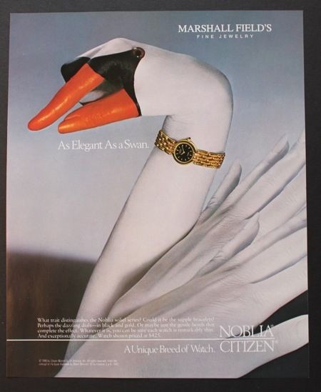 1987 Noblia Citizen Gold Watch & Swan painted hands vintage fashion ad