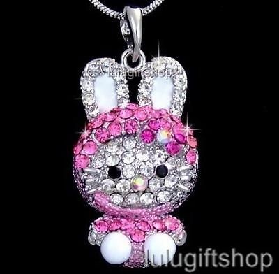 HELLOKITTY CAT RABBIT PENDANT NECKLACE USE SWAROVSKI CRYSTALS WHITE 