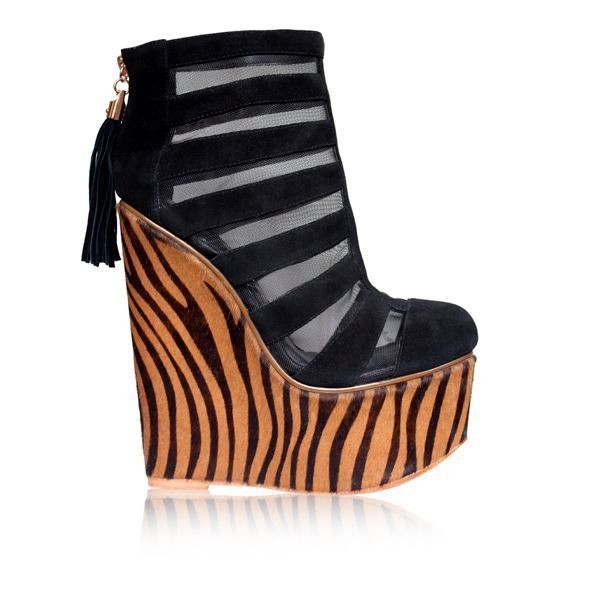 KANDEE  BLACK SUEDE MESH TIGER ANIMAL PRINT PONY FUR WEDGE ANKLE 