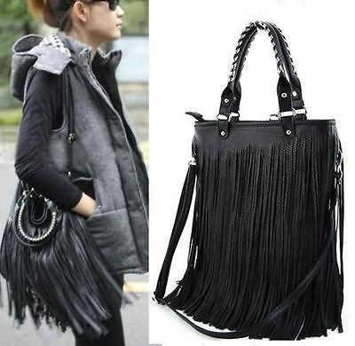   Double Side Tassel Fringe Lady PU Leather Handbag Shoulder Bag Purse Z