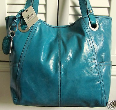 NWT FOSSIL HATHAWAY BLUE GLAZED LEATHER LARGE PURSE HANDBAG TOTE $128