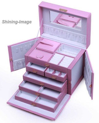 QUALITY LARGE PINK LEATHER JEWELRY BOX CASE STORAGE LOCKED WITH KEY 