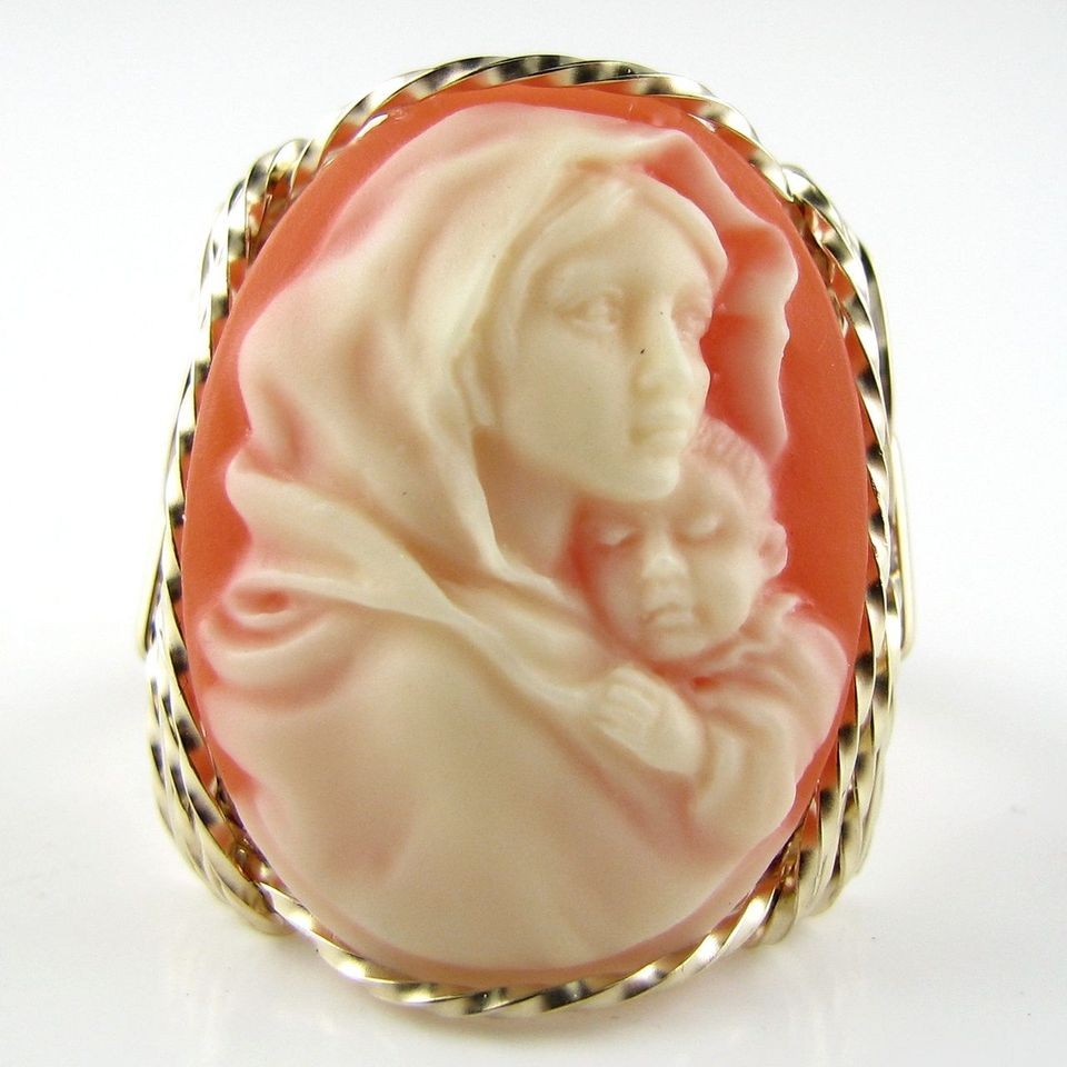 Mother Mary Baby Jesus Cameo Ring 14K Rolled Gold
