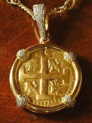   GOLD DOUBLOON LIMA 8 ESCUDOS COB COIN in 18kt GOLD DIAMOND PENDANT