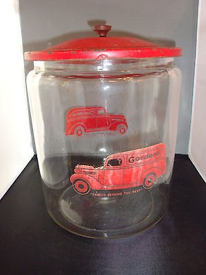 VINTAGE GORDONS TRUCK GLASS JAR WITH METAL LID