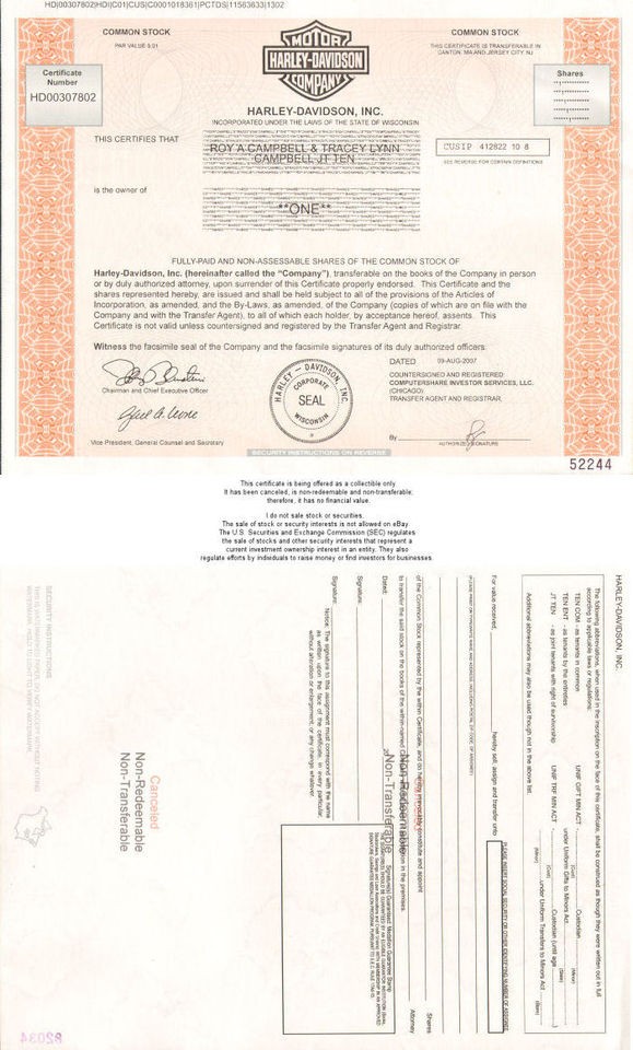 Harley Davidson motorcycle bike collectible stock certificate