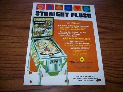 1970 WILLIAMS STRAIGHT FLUSH PINBALL MACHINE FLYER