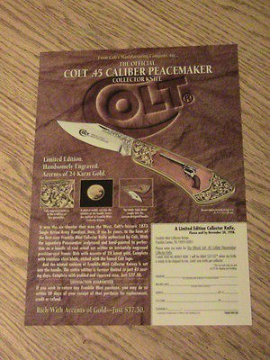 1998 COLT 45 CALIBER PEACEMAKER ADVERTISEMENT GUN KNIFE AD GOLD 