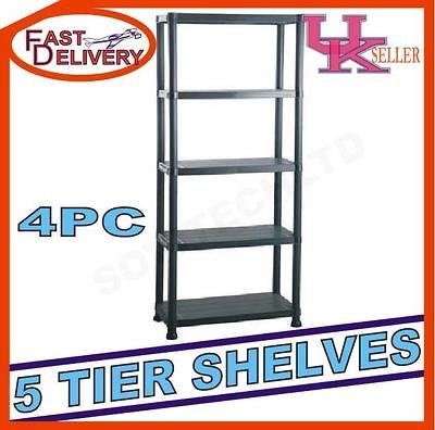 TIER BLACK PLASTIC SHELVING SHELVES STORAGE UNIT SHED GARAGE 