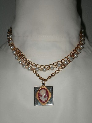 ARTISAN GOLD MULTI STRAND CAMEO AND FAUX PEARL NECKLACE UPCYCLED 