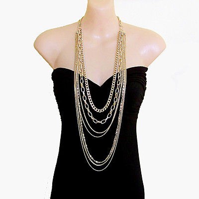   antique style jewellery multi chain strand gold plated long necklace