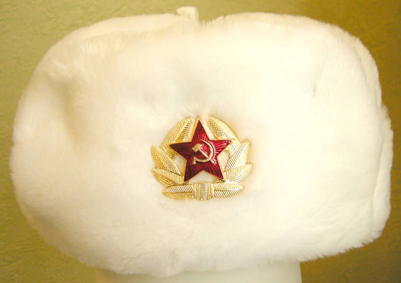 RUSSIAN WHITE KGB FUR MILITARY COSSACK HAT USHANKA SIZE 62 cm 7 3/4 