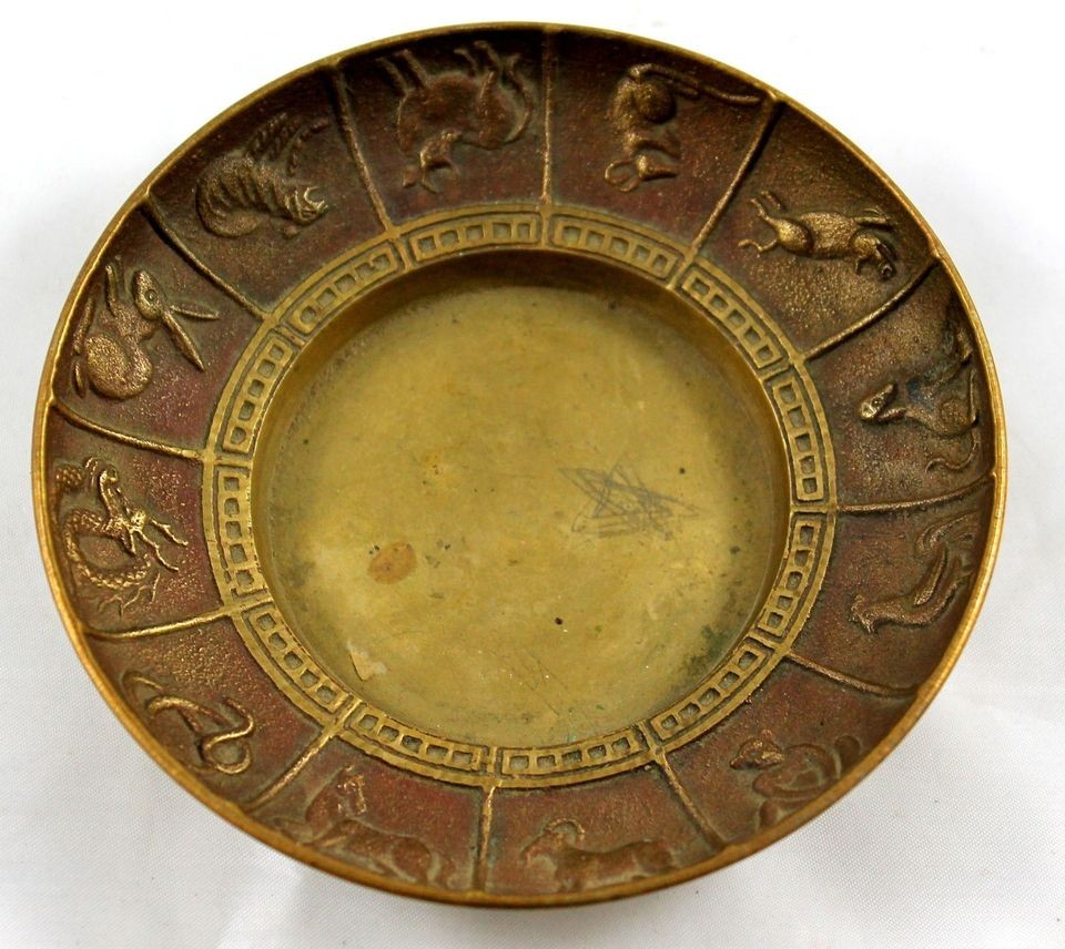   vintage CHINESE ZODIAC Candle Holder Trinket Dish Ash Tray Bowl Asian