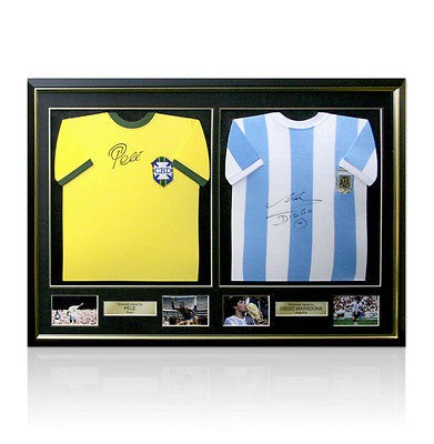 Pele & Maradona hand signed dual framed shirts