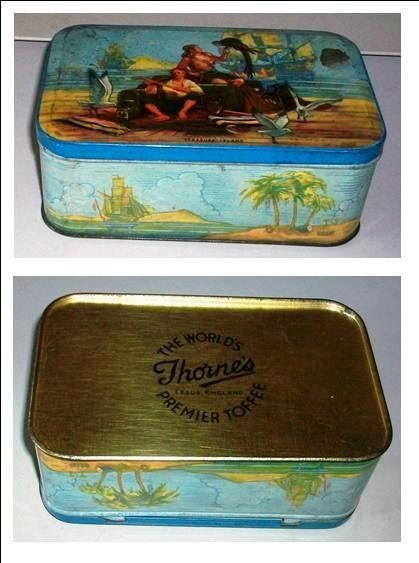 Original THORNES TOFFEE Tin LEEDS Vintage TREASURE ISLAND Advertising 