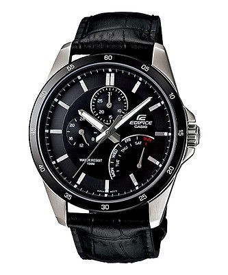 Casio Edifice EF341L 1A Mens Black Leather Band Multiple Dial 100M 