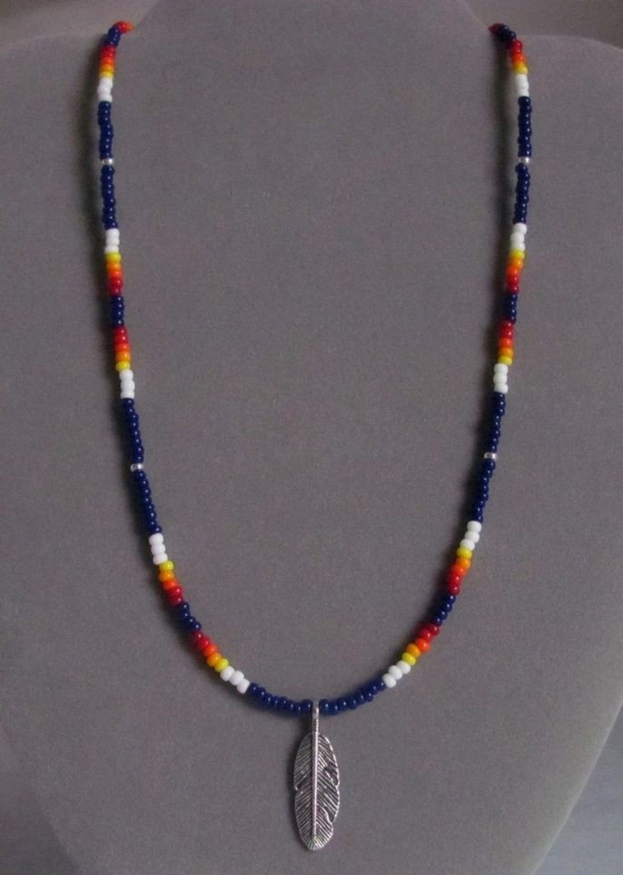 Navy Blue Feather Beaded Mens Necklace Native American