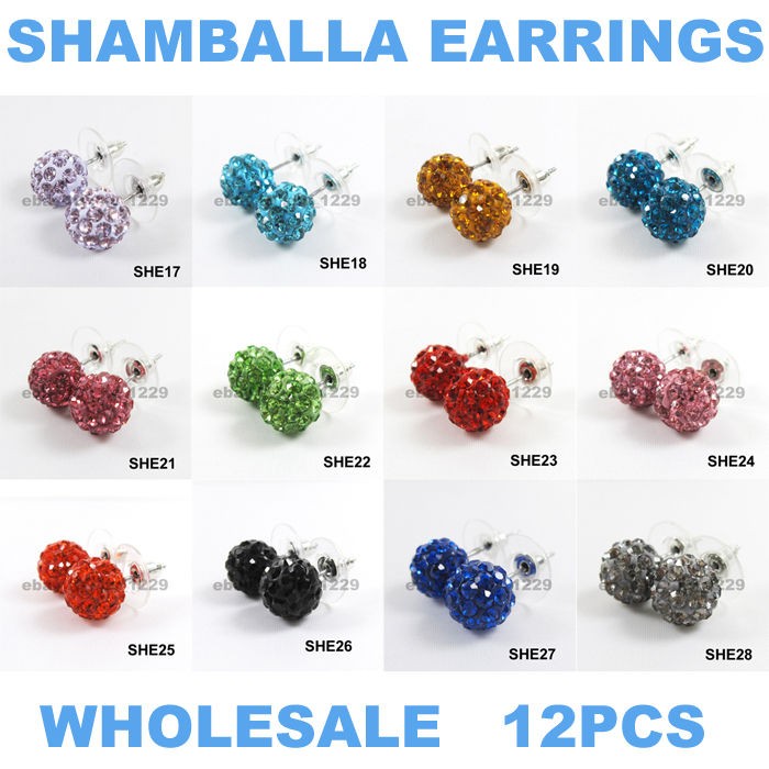   12 Pairs Shamballa 10MM Clay CZ Crystal Disco Ball Bead Earrings