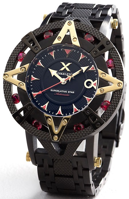 New Rare Mens Xoskeleton Superlative Star Ruby Black Steel Auto Watch