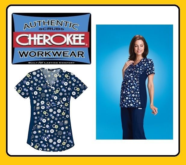 Cherokee Scrubs Maternity Wrap Top 2746C Navy Ciel Blue White Dots 