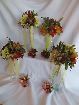 pc bridal silk flower green lime orange tan brown cranberry bouquet 