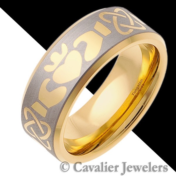   TUNGSTEN WEDDING BAND RING CELTIC CLADDAGH GOLD BRIDAL JEWELRY 7MM_W