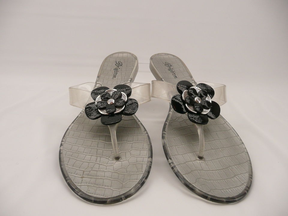 Brighton Jelly Flowered Clear/ Black/ Silver Flip Flops Sandals Sz 9