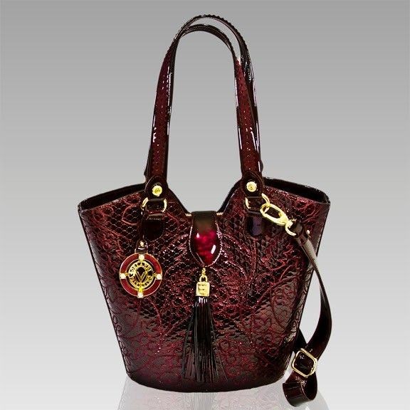 VALENTINO ORLANDI DESIGNER EMBROIDERED BURGUNDY LEATHER BUCKET BAG