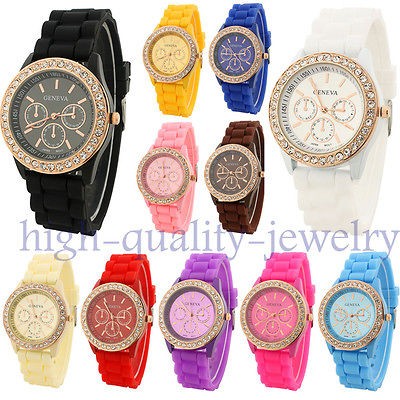 Geneva Silicone Golden Crystal Stone Quartz Ladies/Women/G​irl Jelly 