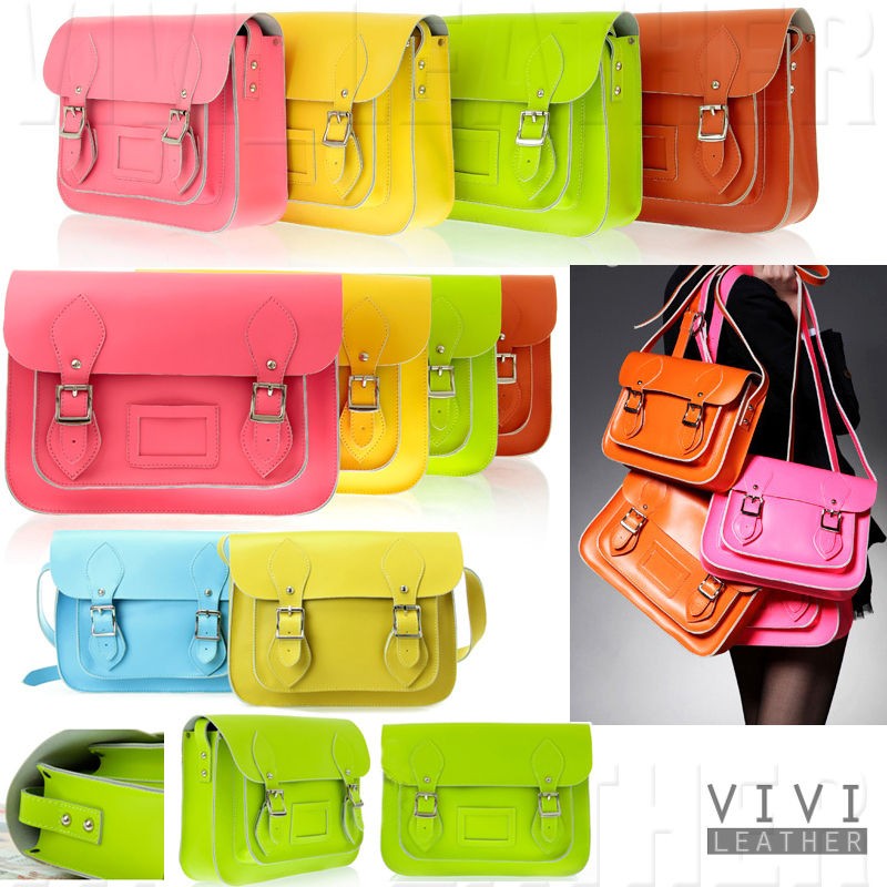 NEW British Vintage LEATHER Satchel NEON Fluro COLOR BLOCK Purse 