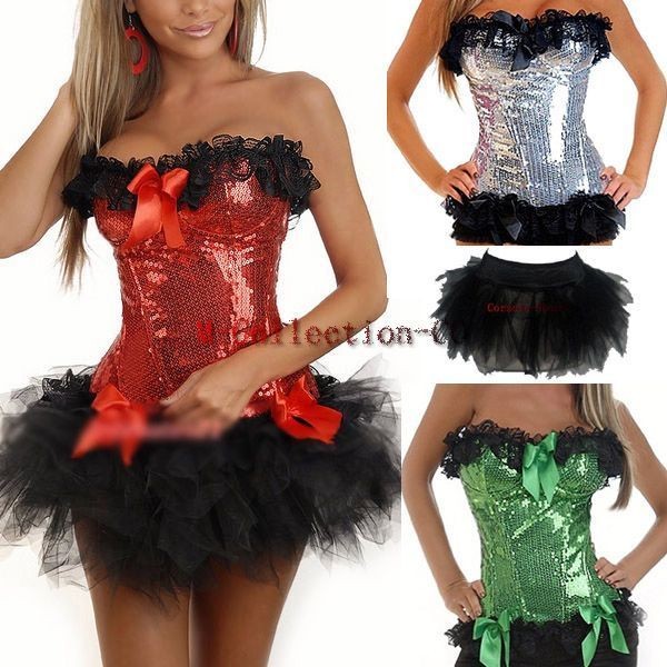 Burlesque Sequin Moulin Rouge Boned Corset Tutu Petticoat Costume 