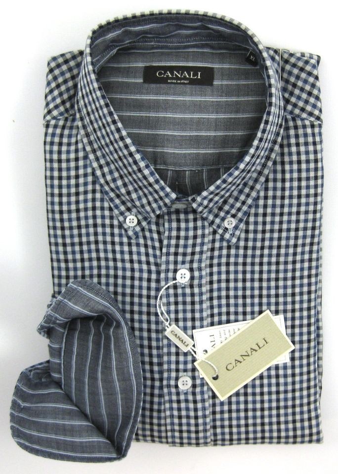   Italy Blue Navy White Check Cotton Dress Sport Shirt XL 17 NWT $350