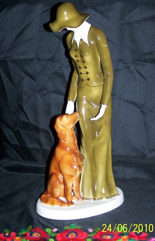 Hungarian Hollohaza Porcelain tall woman and her dog