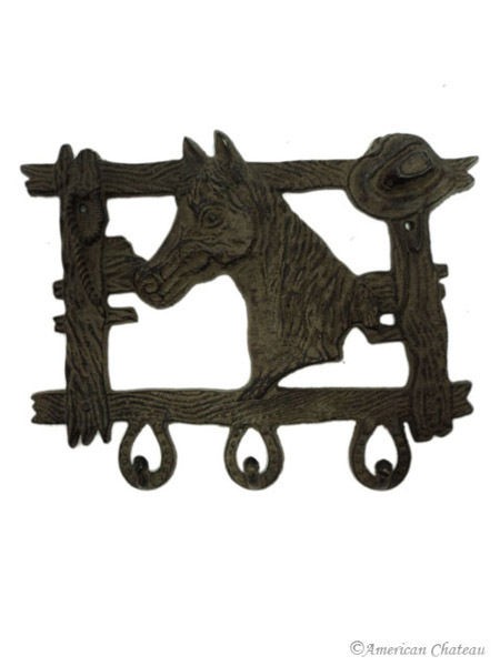 Horse Cowboy Cast Iron 3 Hook Coat Hat Rack Barn Rustic Home Decor 